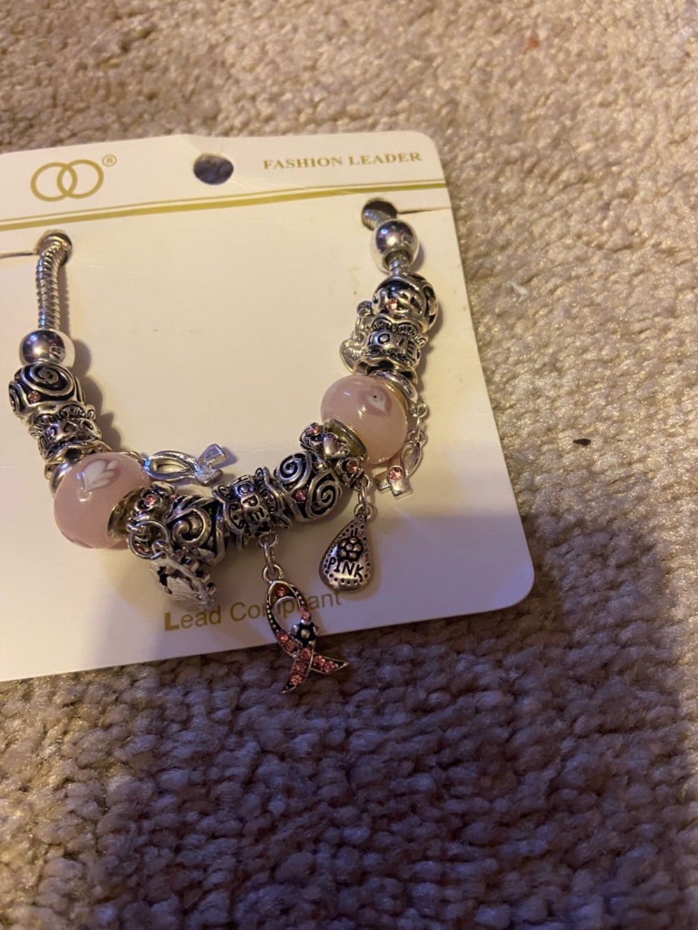 Pink Charm Bead Bracelet with Silver-Tone Accents